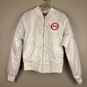Red Letter White Embroidered Bomber Jacket Logo Patch Lined Women Medium